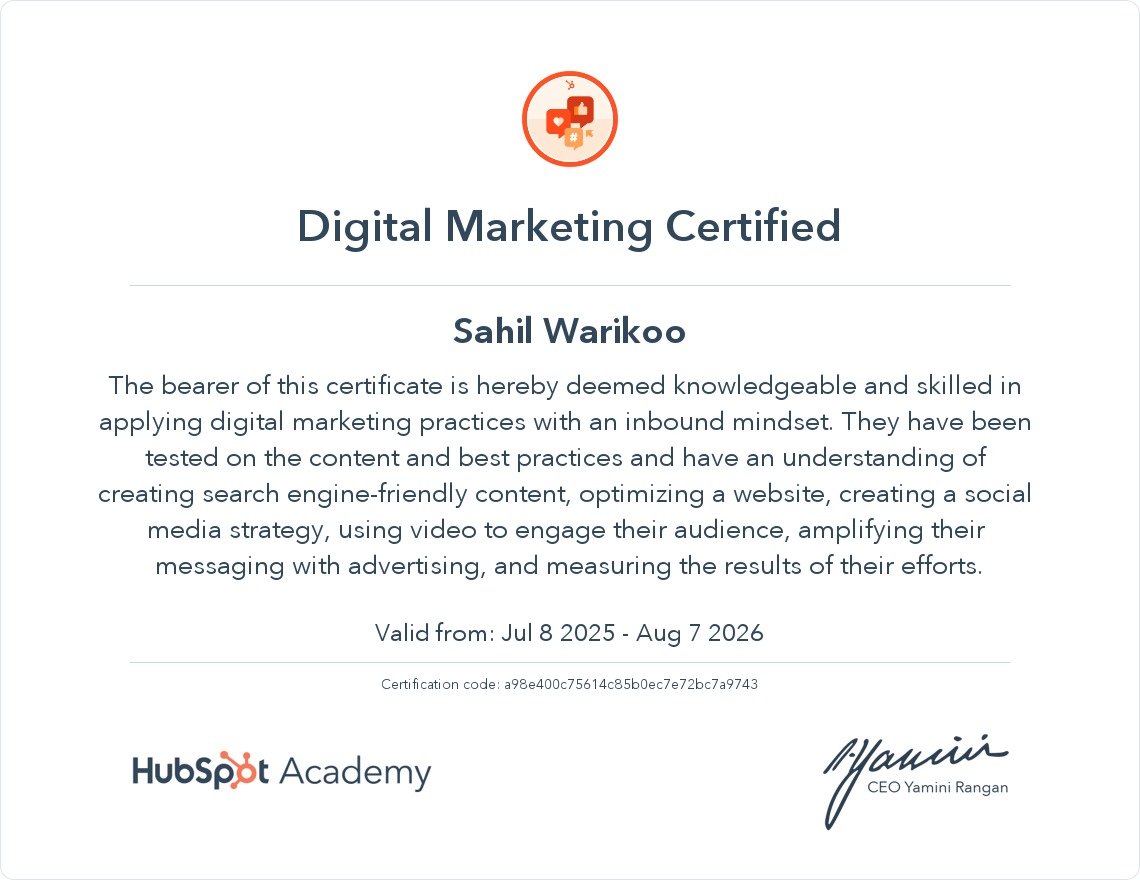 Hubspot Academy Certificate