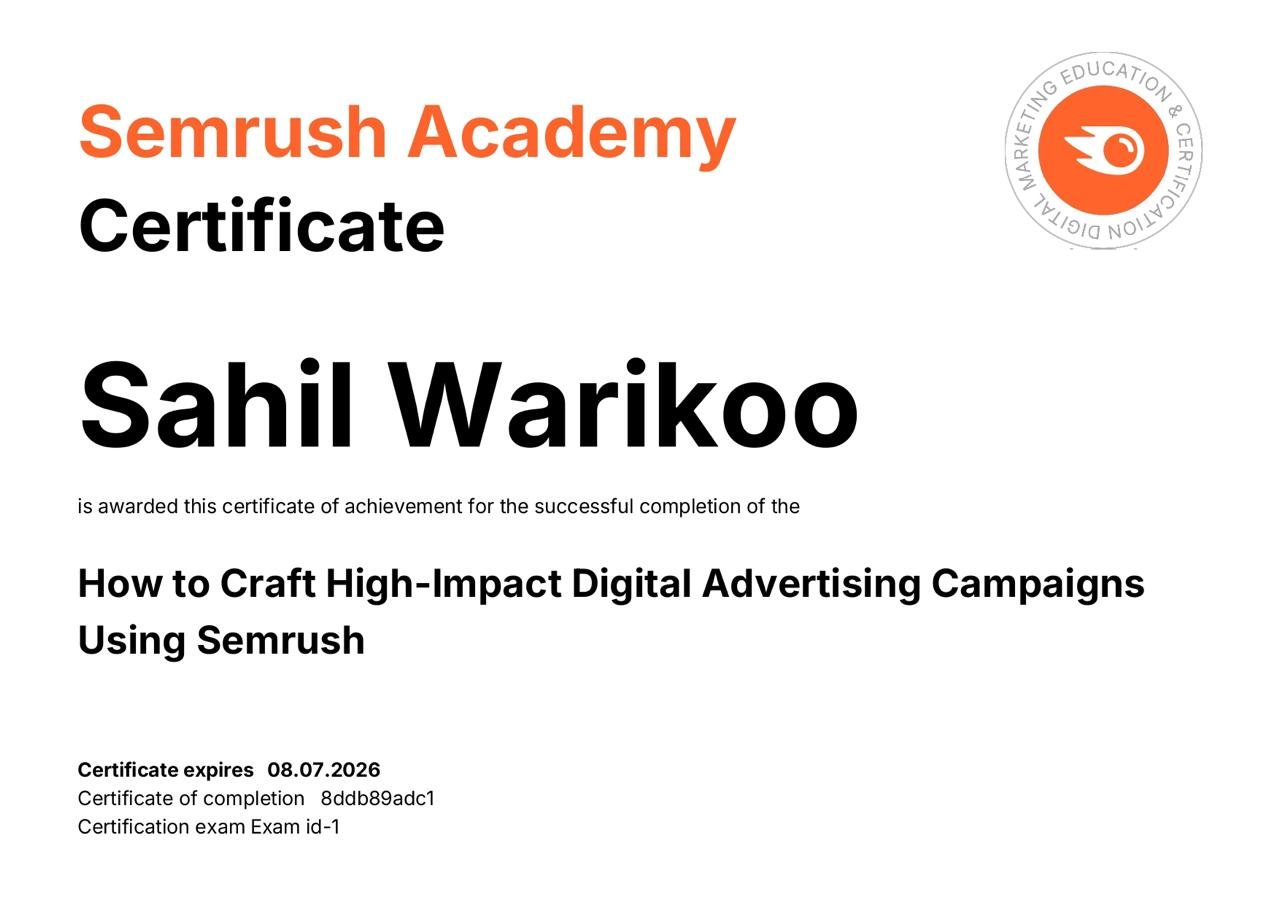 SEmrush certificate image